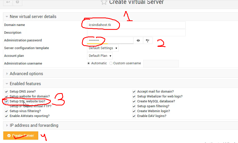 Create Virtualmin Server
