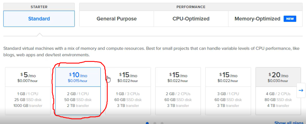 digitalocean Choose a plan