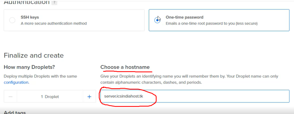 digitalocean Choose a hostname