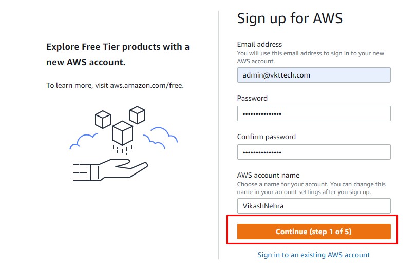 AWS Free Tier account create