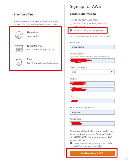 AWS Free Tier  Personal account info